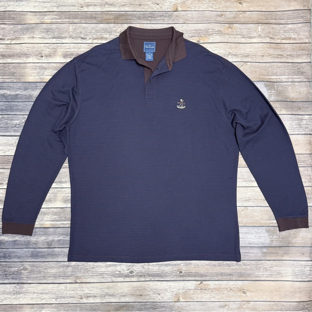 Faconnable Blue Brown Stripe Pique Long Sleeve Cotton Knit Collar Polo Shirt XXL